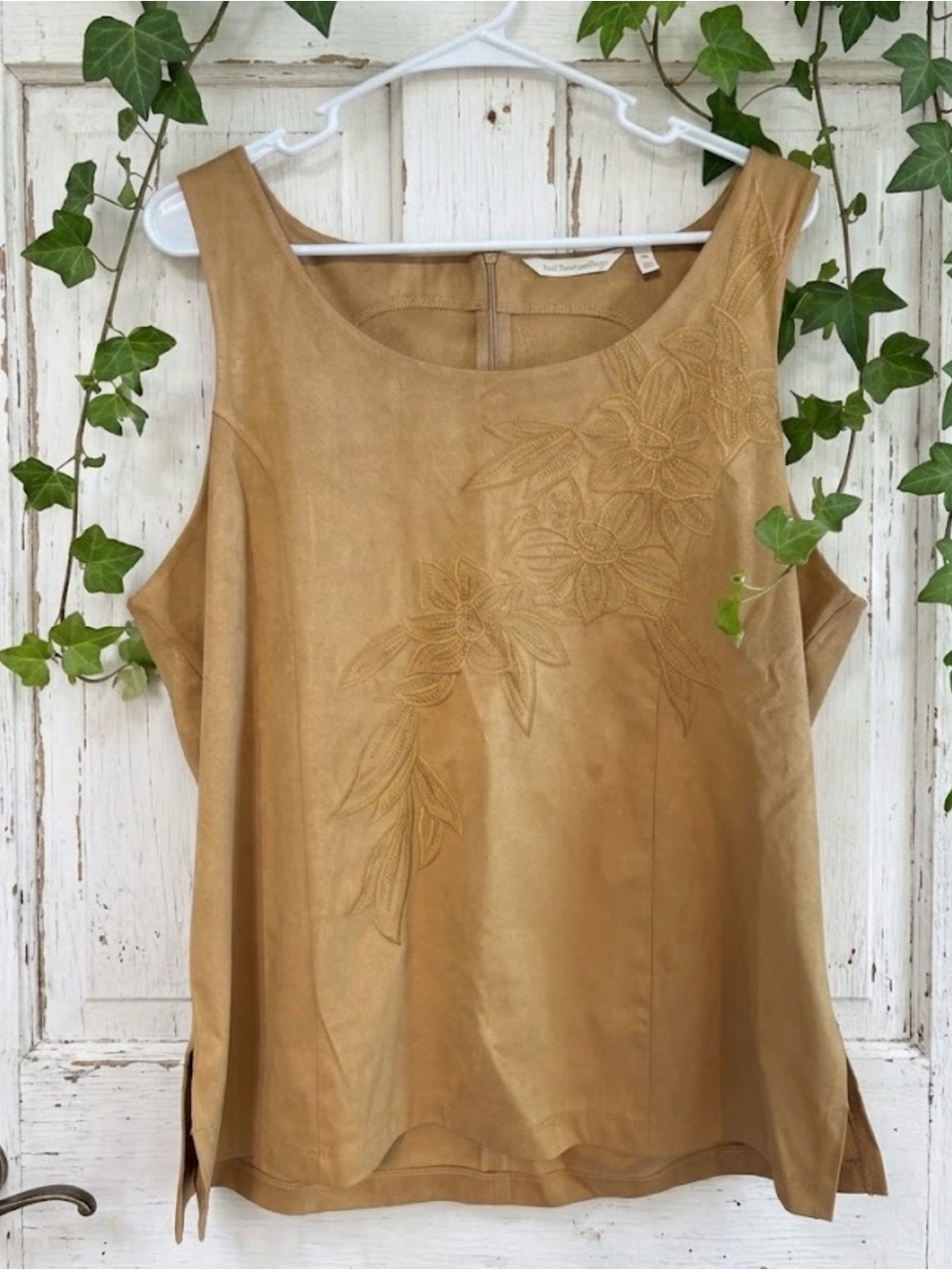 Soft Surroundings Tan Suede Look Embroidered Boho Top Size XL